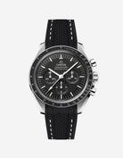 Black Omega Speedmaster watch with a black & white stitches vertech rubber watch strap from Wristbudyss and a detailed face on a white background