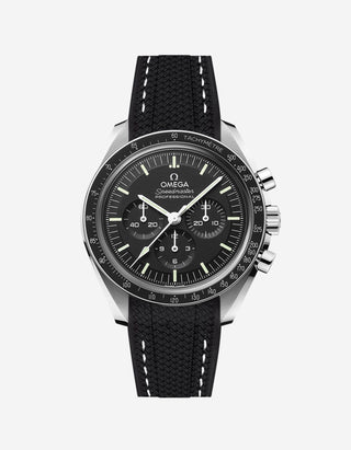 Black Omega Speedmaster watch with a black & white stitches vertech rubber watch strap from Wristbudyss and a detailed face on a white background