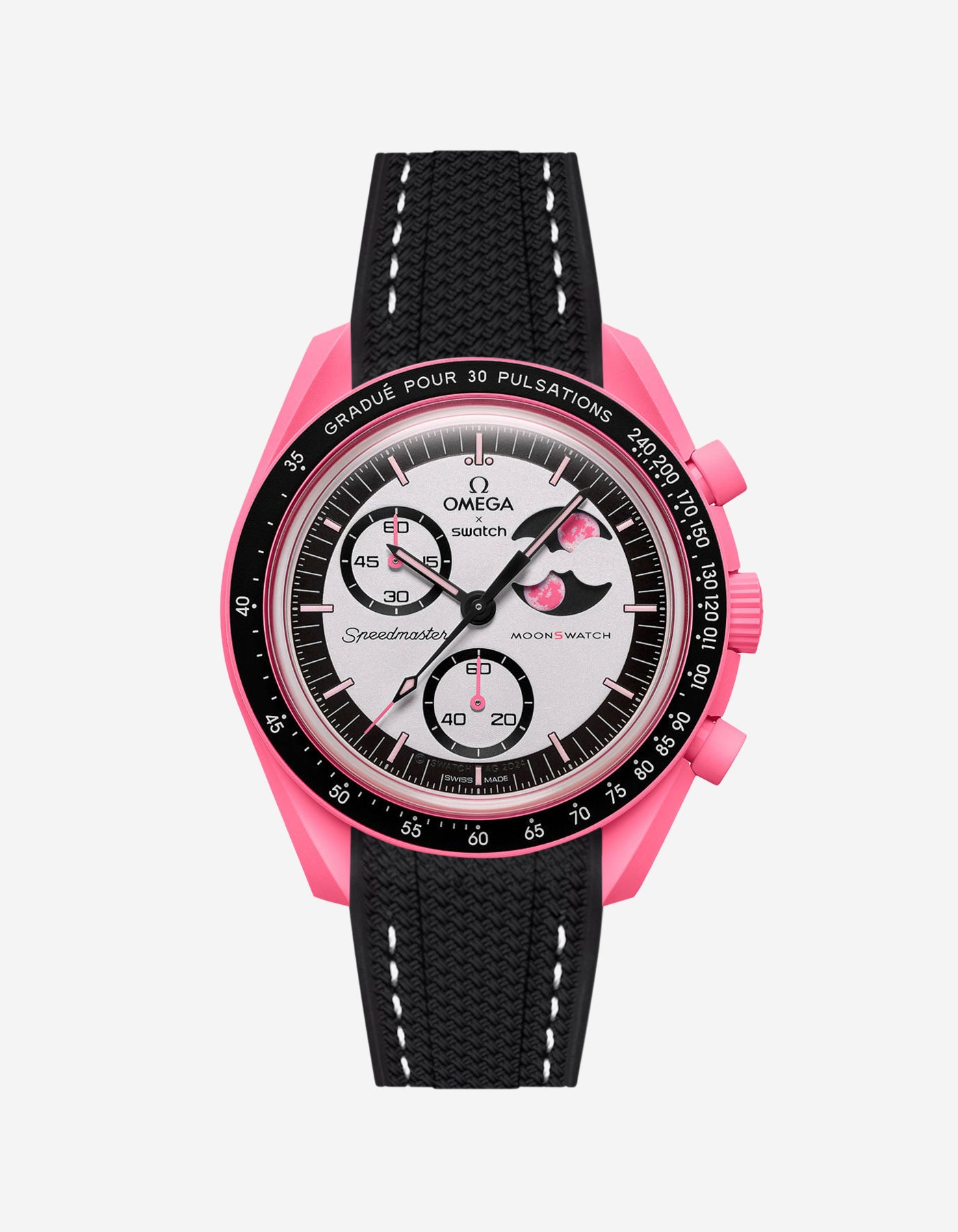 Black rubber watch strap with white stitching installed on Omega x Swatch MoonSwatch Mission to the Pink Moonphase
