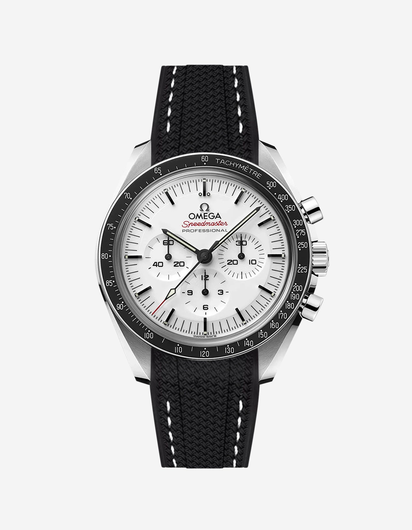 Omega Speedmaster watch with black & white stitches vertech rubbber watch strap from Wristbuddys and white dial on a white background