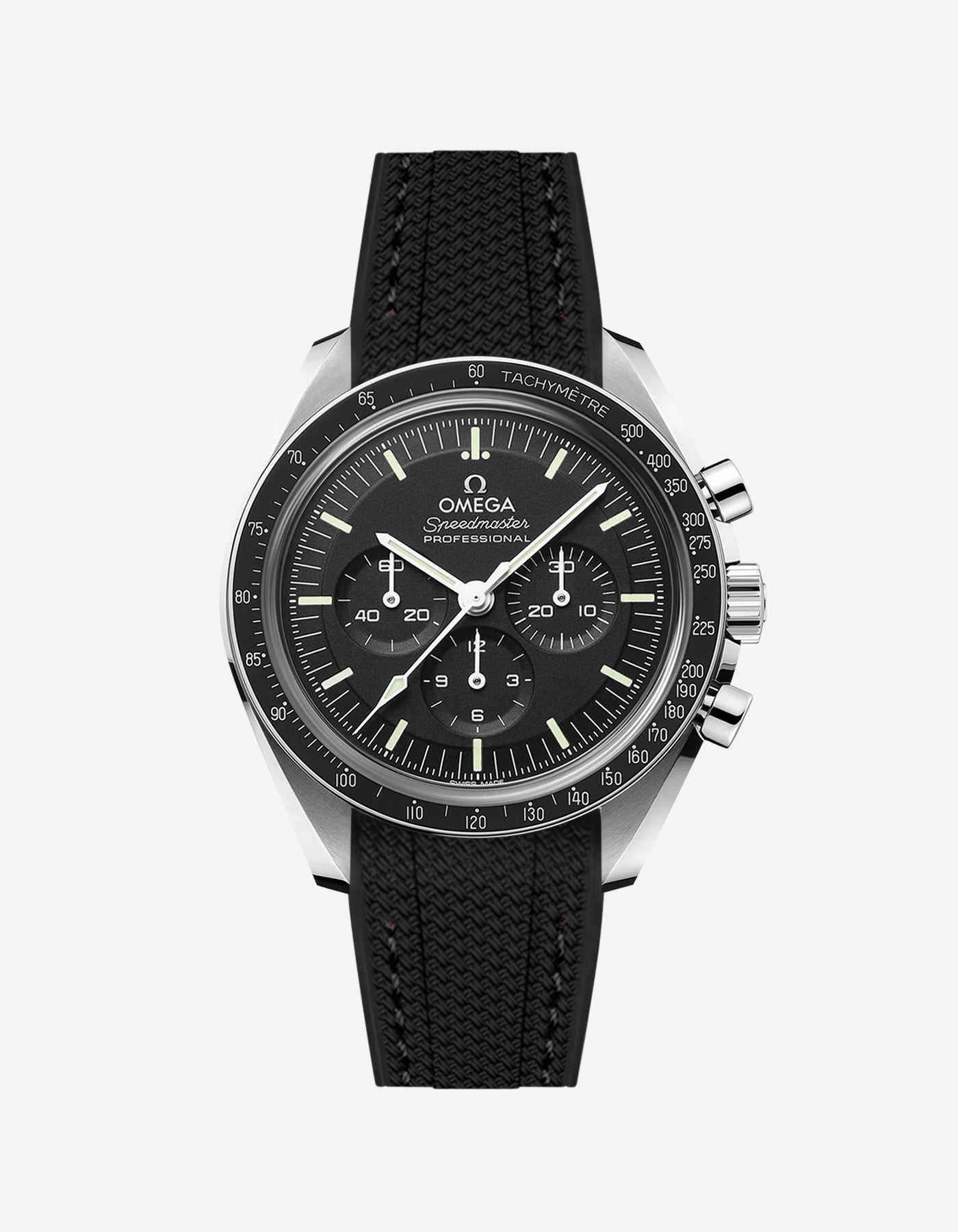 Black Omega Speedmaster watch with a black vertech rubber watch strap from Wristbudyss and a detailed face on a white background