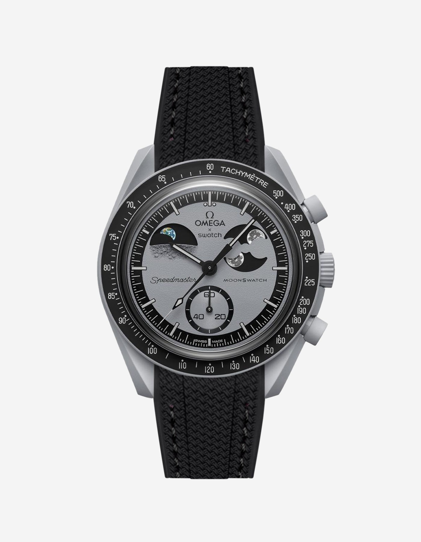 Omega watch with black strap and detailed face on a white background