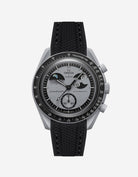 Omega watch with black strap and detailed face on a white background