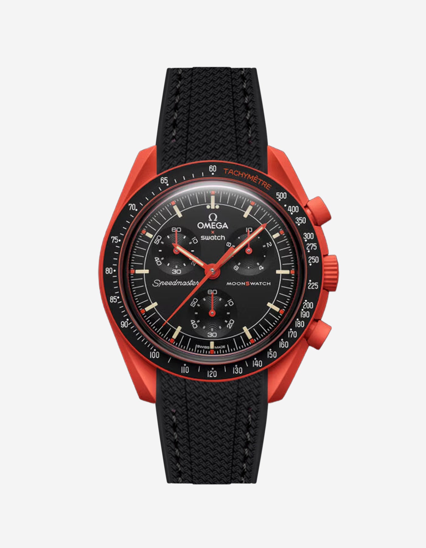 Black Rubber strap for Omega X Swatch MoonSwatch Mission On Earth Lava , attached to the watch