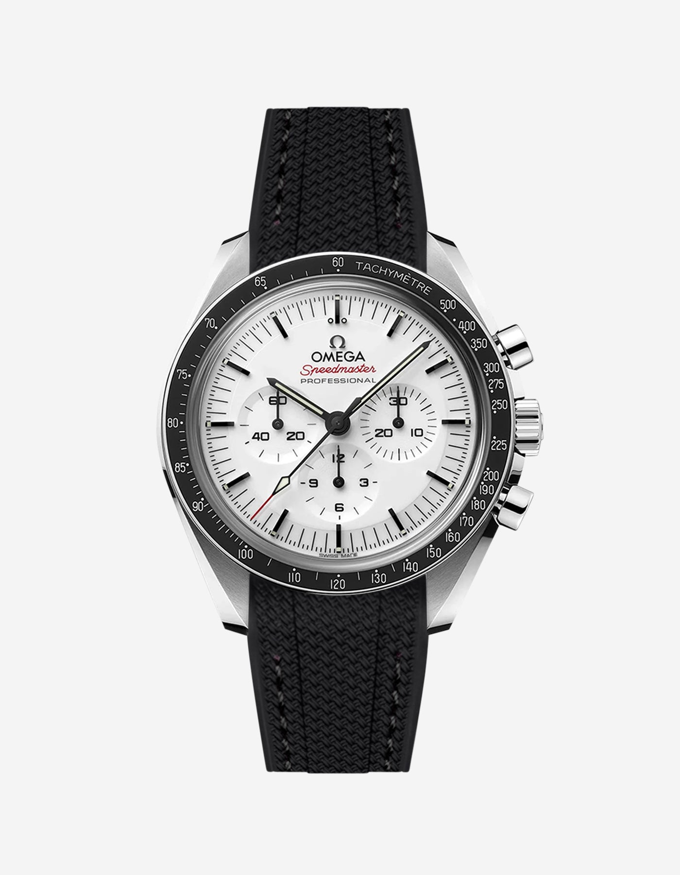 Omega Speedmaster watch with black vertech rubbber watch strap from Wristbuddys and white dial on a white background