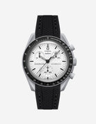 Omega X Swatch MoonSwatch 1965 watch with black strap and white face on a light gray background