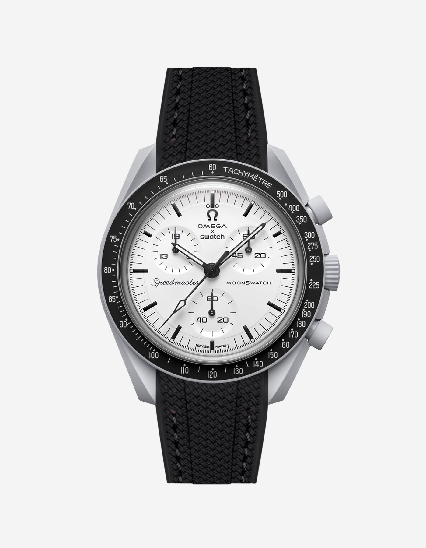 Omega X Swatch MoonSwatch 1965 watch with black strap and white face on a light gray background