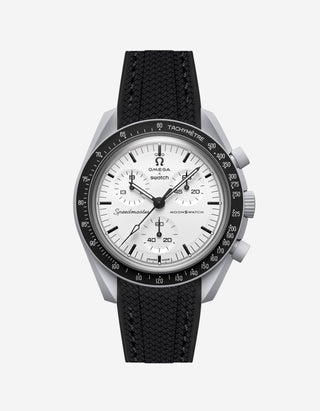 Omega X Swatch MoonSwatch 1965 watch with black strap and white face on a light gray background
