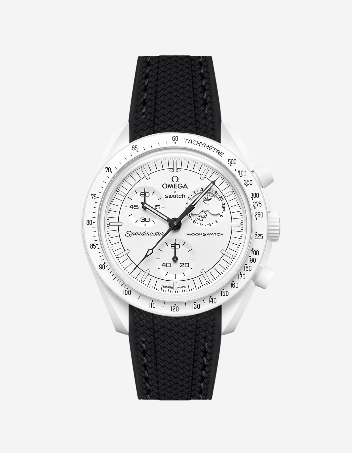 Omega X Swatch MoonSwatch Mission to the MoonPhase on a full black vertech rubber watch strap with a white background showcasing both the watch and the watch strap from Wristbuddys