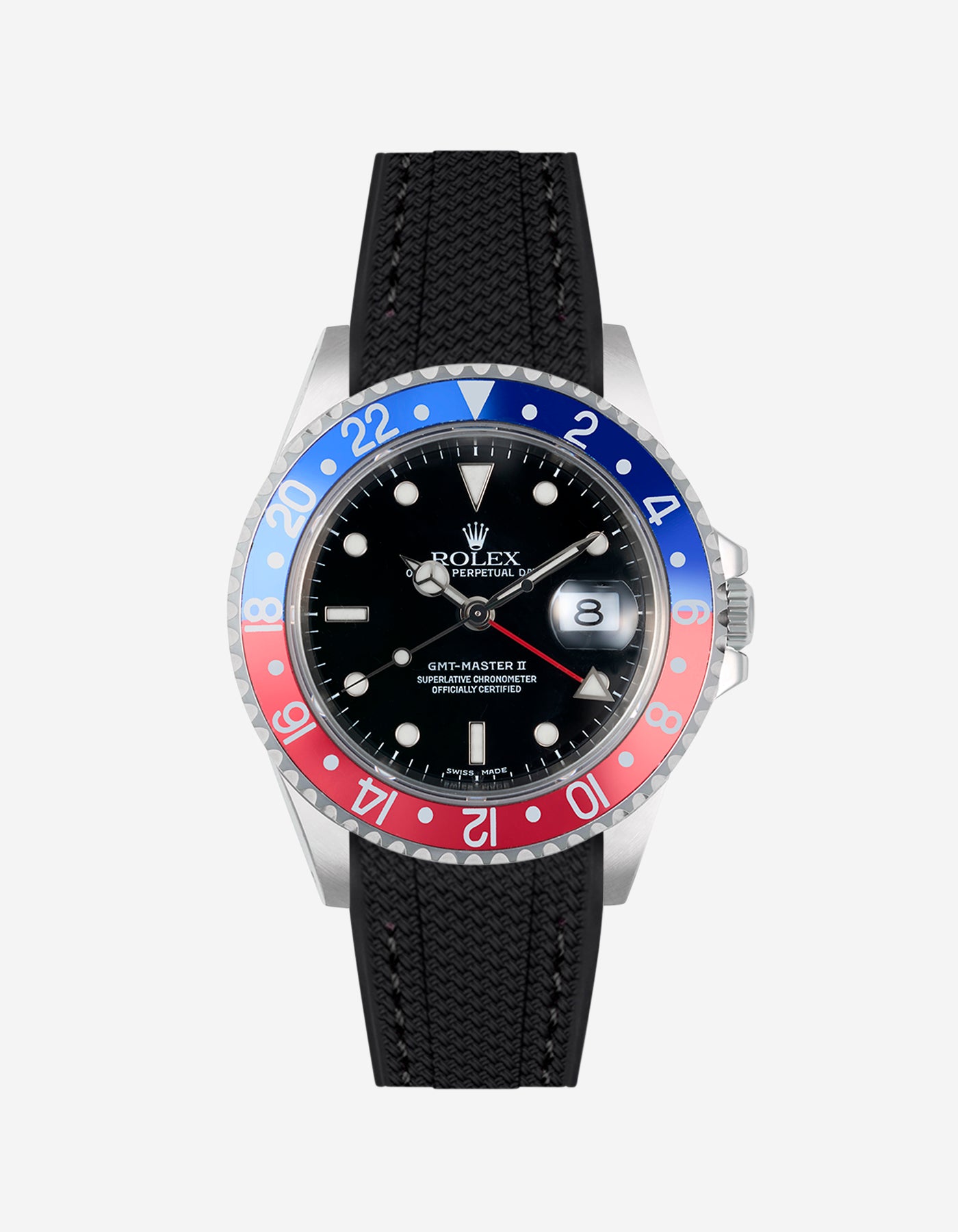 Rolex Pepsi steel watch with black vertech rubber watch strap and colorful bezel on a white background