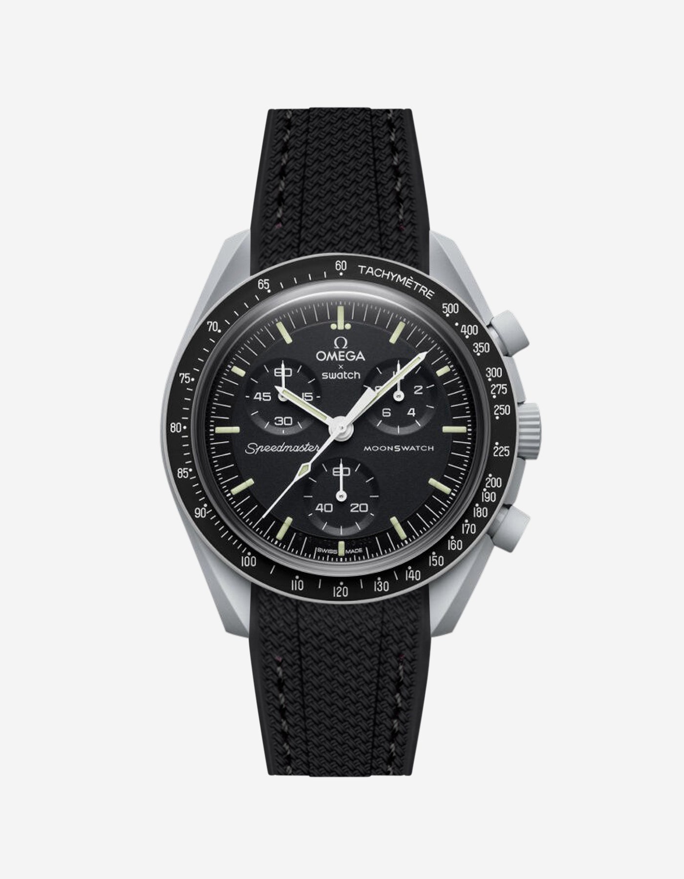 Black Omega watch with a detailed face on a white background