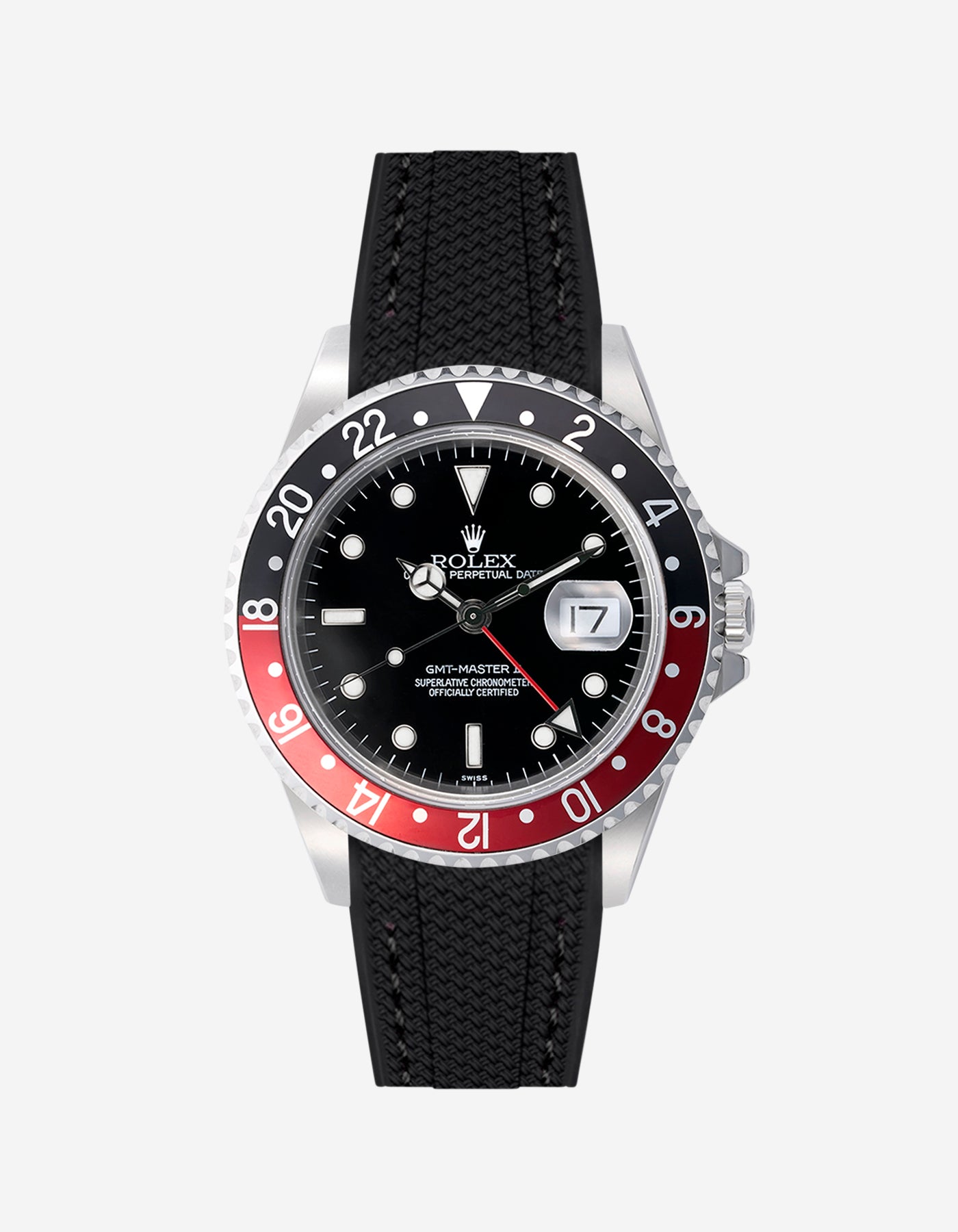 Rolex GMT Master 2 watch with black and black stitches rubber vertech strap and black dial on a white background