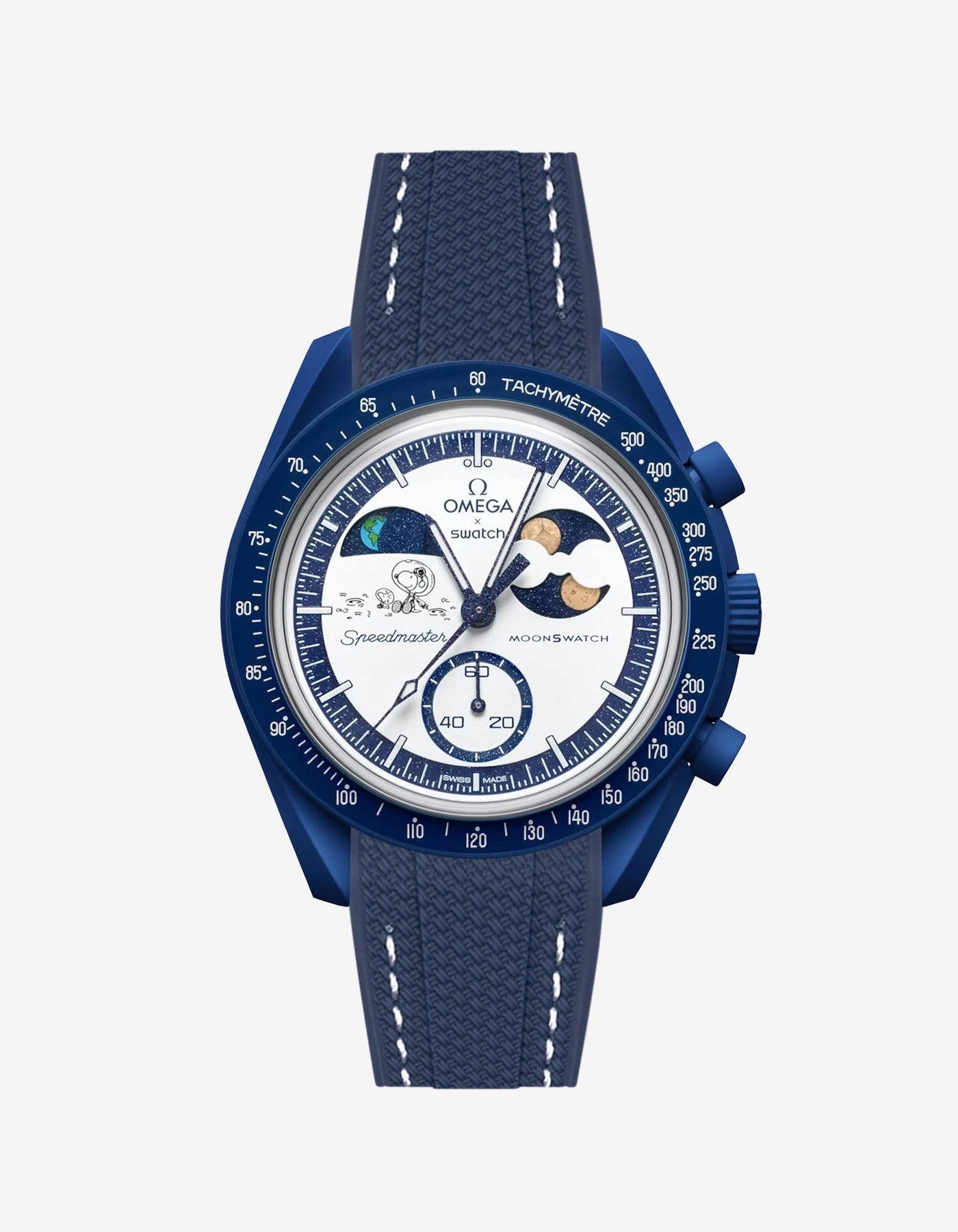Rubber strap for Omega x Swatch MoonSwatch Mission to Earthphase – Moonshine Gold in blue with white stitching, attached to the watch