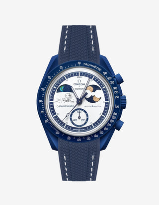 Rubber strap for Omega x Swatch MoonSwatch Mission to Earthphase – Moonshine Gold in blue with white stitching, attached to the watch