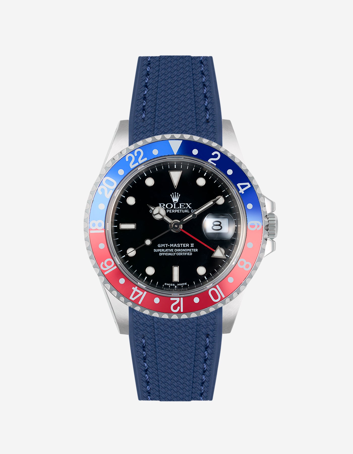 Rolex Pepsi steel watch with blue vertech rubber watch strap and colorful bezel on a white background