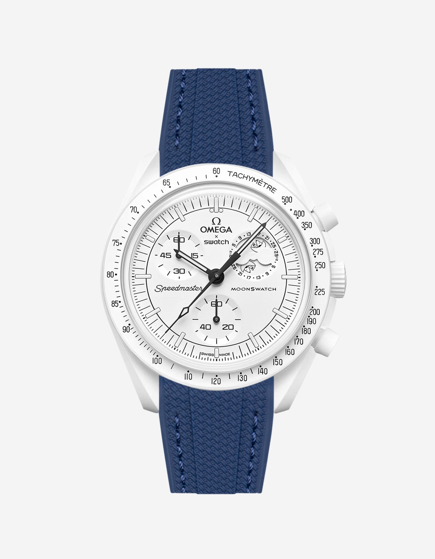 Omega X Swatch MoonSwatch Mission to the MoonPhase on a navy blue vertech rubber watch strap with a white background showcasing both the watch and the watch strap from Wristbuddys