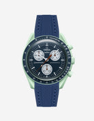 Omega X Swatch Mission on Earth watch with a blue vertech rubber watch strap and detailed face on a white background