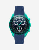 Omega X Swatch watch with blue strap and green bezel on a white background
