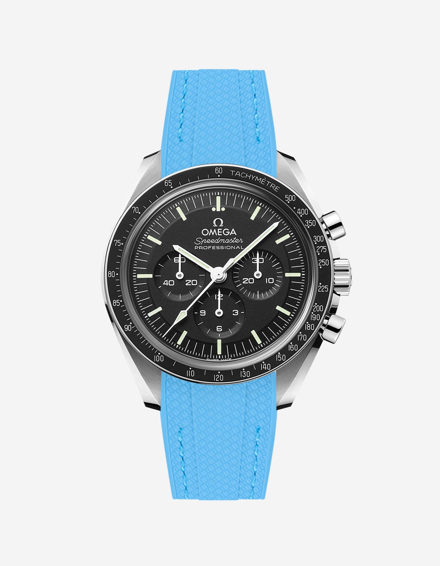 Black Omega Speedmaster watch with a capri blue vertech rubber watch strap from Wristbudyss and a detailed face on a white background