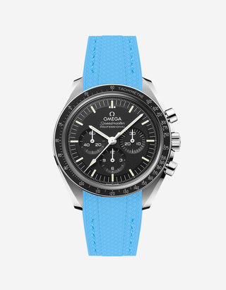 Black Omega Speedmaster watch with a capri blue vertech rubber watch strap from Wristbudyss and a detailed face on a white background