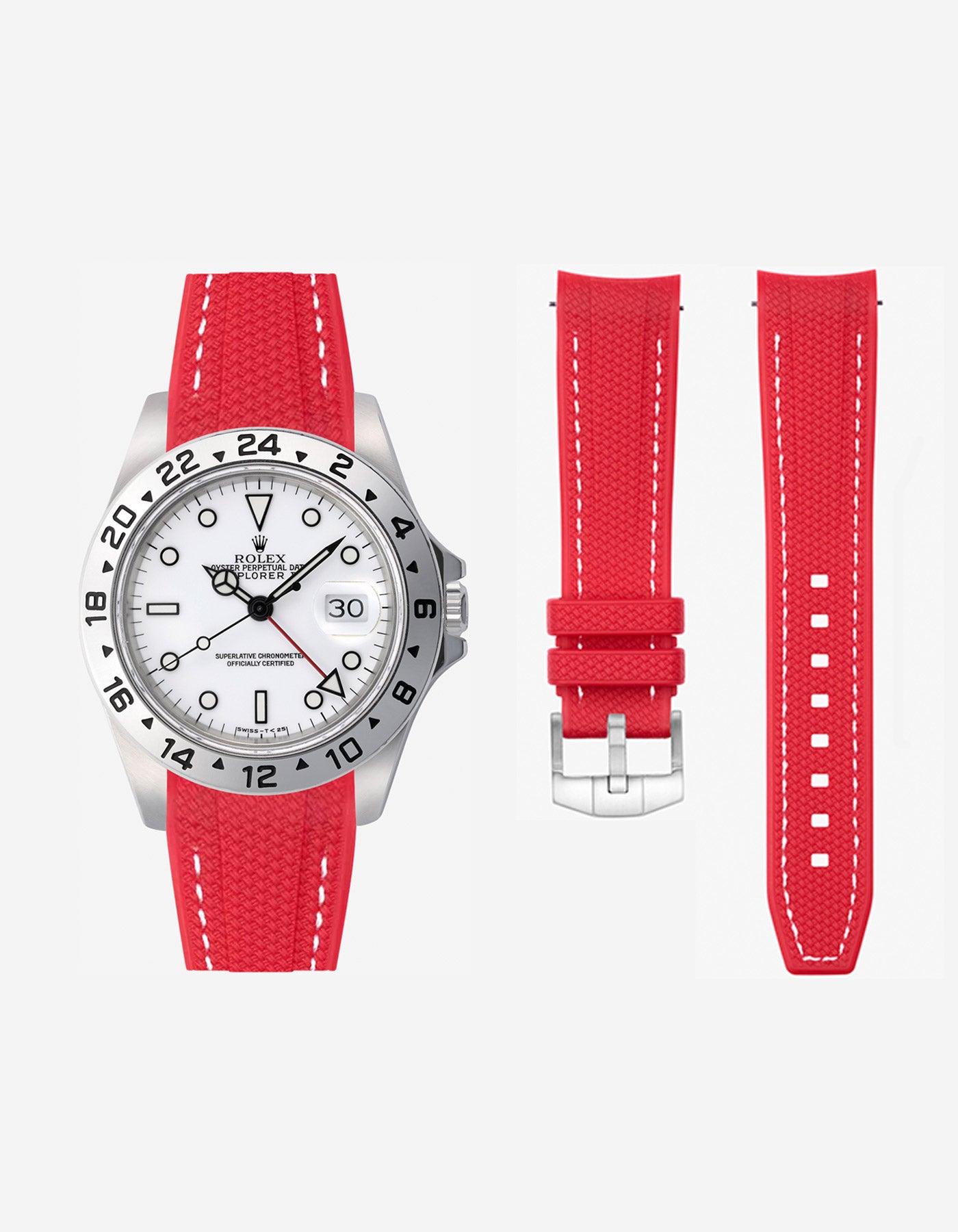red Vertech rubber strap for Rolex Explorer II 16570 Polar shown with watch and separated strap parts