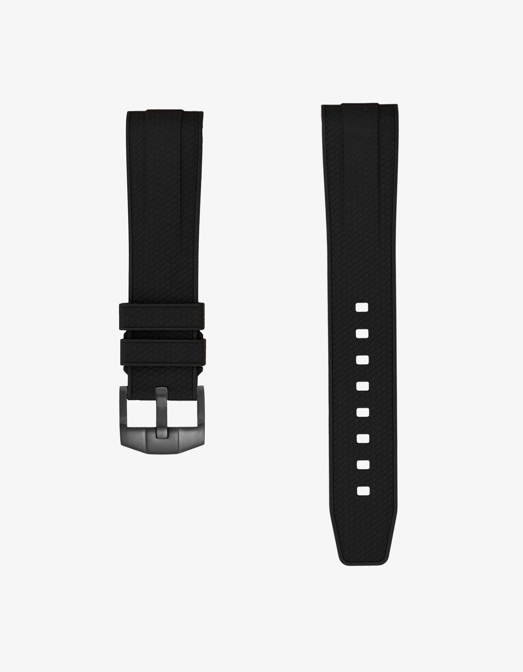 Black Vertech FKM rubber strap for Omega Seamaster 300 Diver with textured finish on a white background