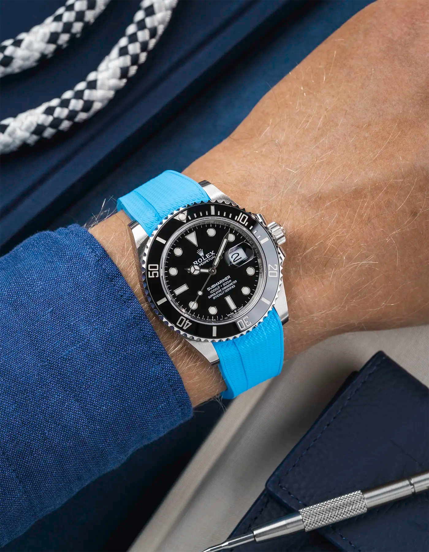Vertech FKM Rubber Strap Capri Blue for Rolex Submariner 41 126610LN Black Bezel Integrated with Original Clasp – Wrist shot