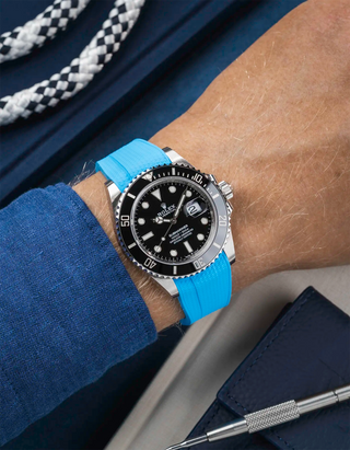 Vertech FKM Rubber Strap Capri Blue for Rolex Submariner 41 126610LN Black Bezel Integrated with Original Clasp – Wrist shot
