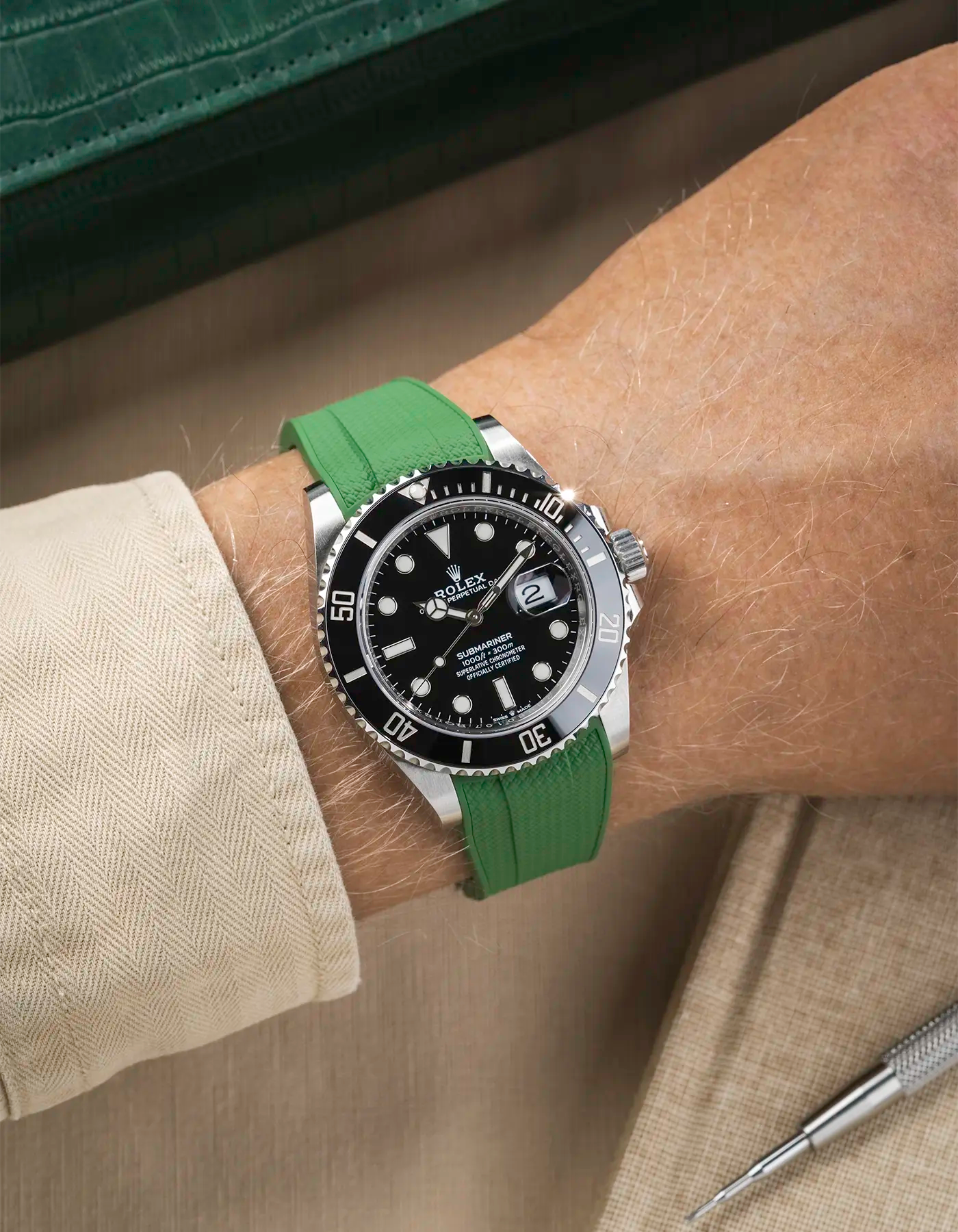 Vertech FKM Rubber Strap Green for Rolex Submariner 41 126610LN Black Bezel Integrated with Original Clasp – Wrist shot