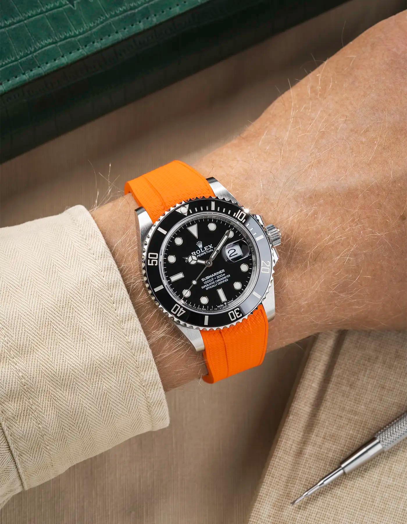 Vertech FKM Rubber Strap Orange for Rolex Submariner 41 126610LN Black Bezel Integrated with Original Clasp – Wrist shot