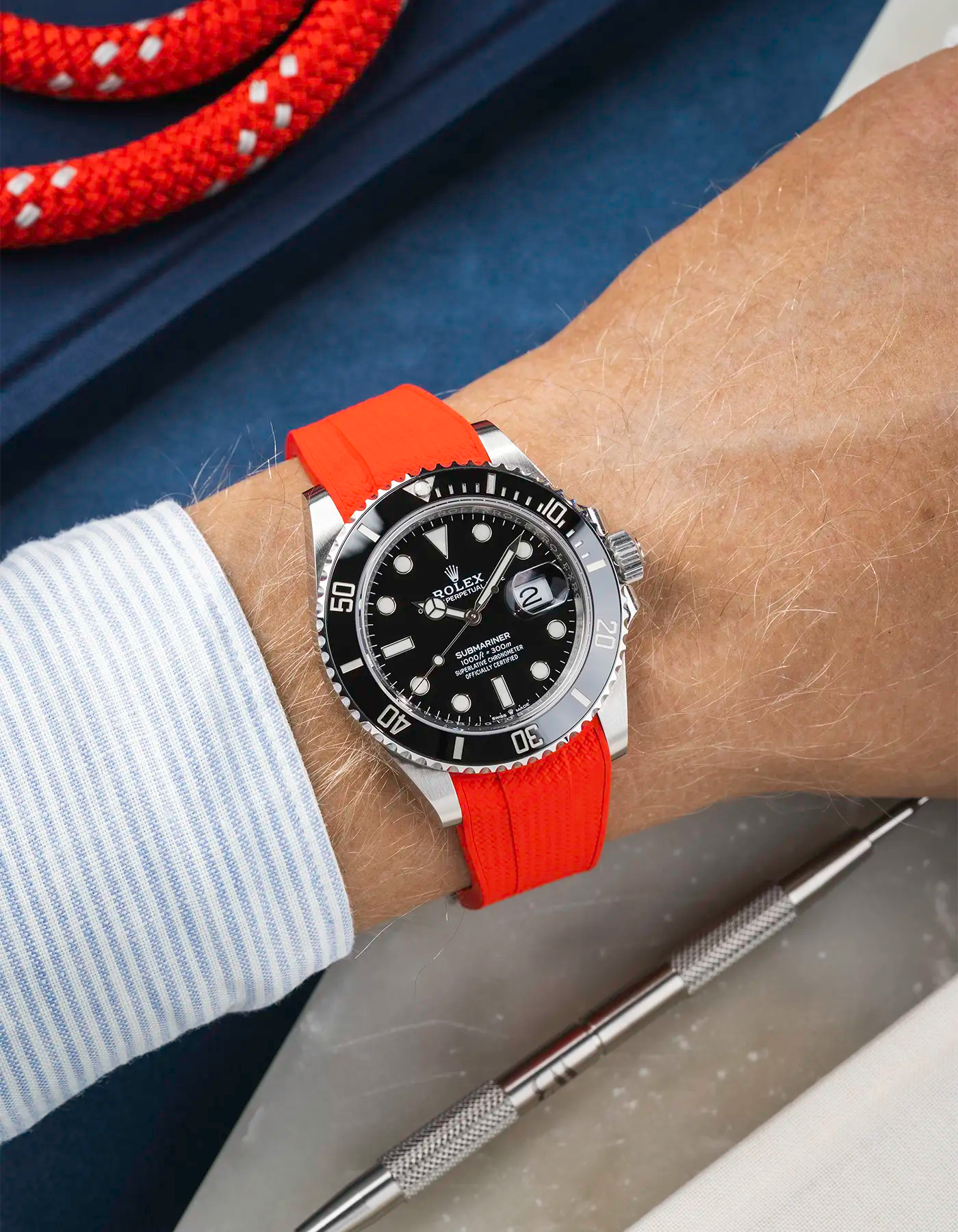 Vertech FKM Rubber Strap Red for Rolex Submariner 41 126610LN Black Bezel Integrated with Original Clasp – Wrist shot