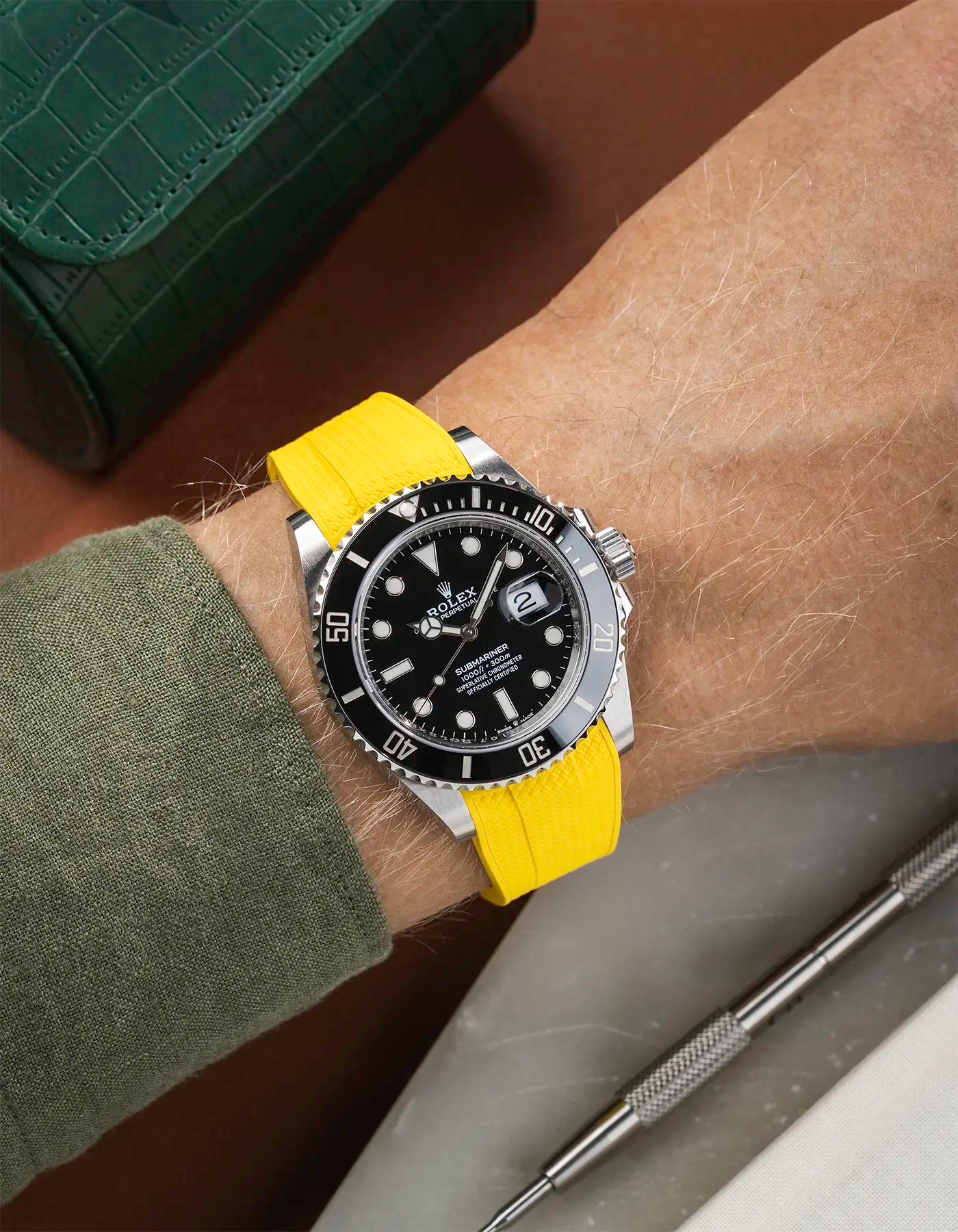 Vertech FKM Rubber Strap Yellow for Rolex Submariner 41 126610LN Black Bezel Integrated with Original Clasp – Wrist shot