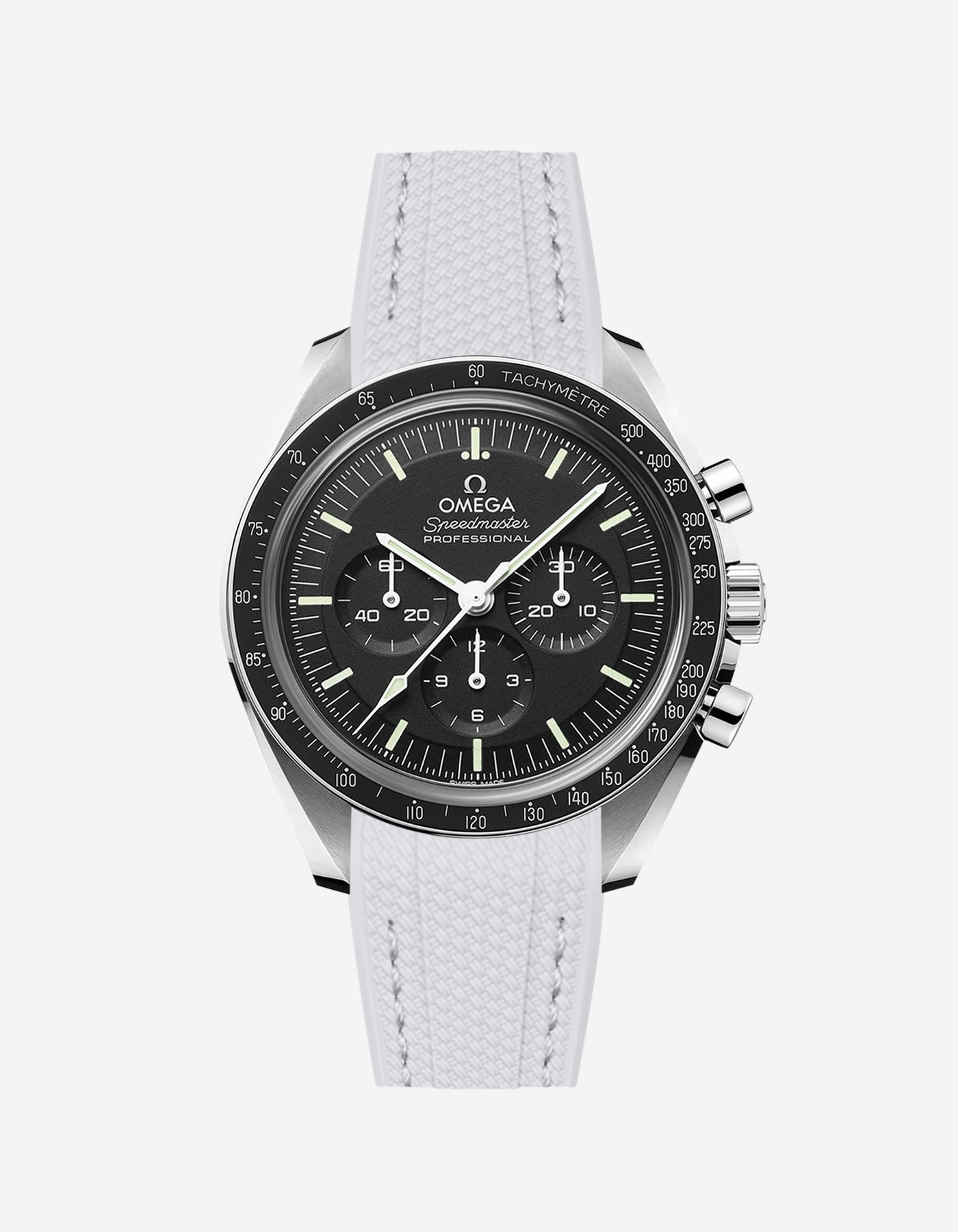 Black Omega Speedmaster watch with a grey vertech rubber watch strap from Wristbudyss and a detailed face on a white background