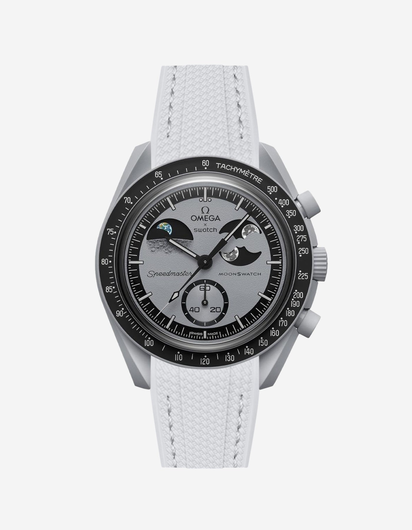 Omega watch with light grey strap on a white background