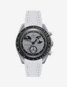 Omega watch with light grey strap on a white background