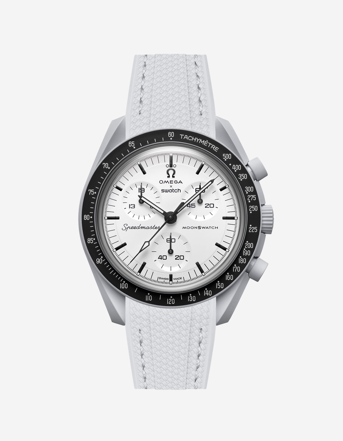 Omega X Swatch MoonSwatch 1965 watch with grey strap and white face on a light gray background