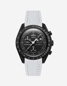 Black Omega X Swatch MoonSwatch Mission to The Moonphase - New Moon with a grey vertech rubber watch strap and a with detailed face on a white background