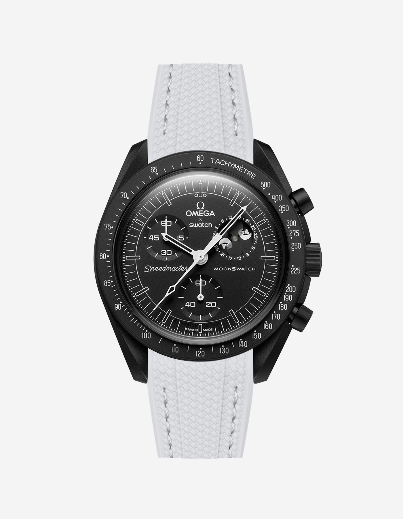 Black Omega X Swatch MoonSwatch Mission to The Moonphase - New Moon with a grey vertech rubber watch strap and a with detailed face on a white background