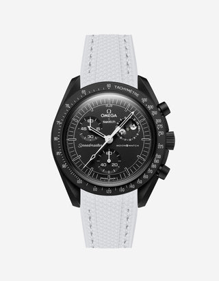 Black Omega X Swatch MoonSwatch Mission to The Moonphase - New Moon with a grey vertech rubber watch strap and a with detailed face on a white background
