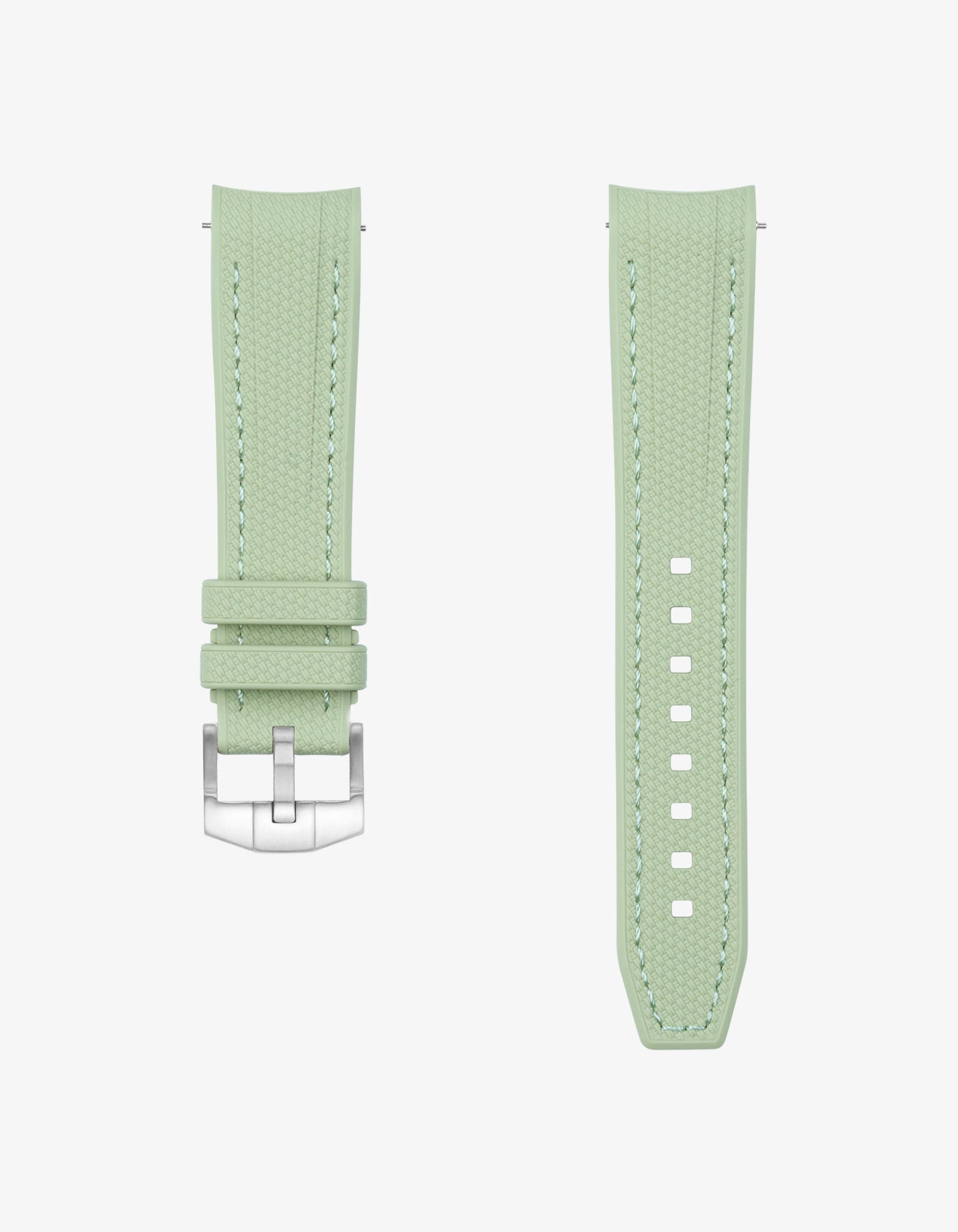 mint vertech rubber watch strap with silver buckle on a white background