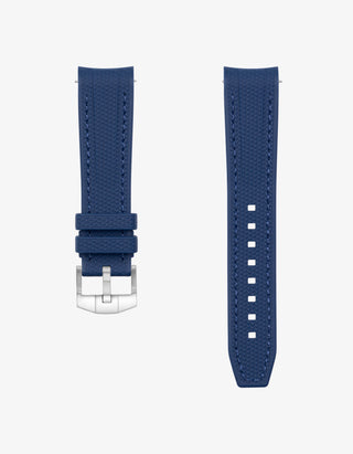 navy Blue vertech rubber watch strap with silver buckle on a white background