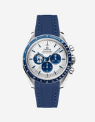 Omega Speedmaster Snoopy watch with blue vertech rubber watch strap and face on a white background