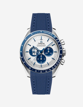 Omega Speedmaster Snoopy watch with blue vertech rubber watch strap and face on a white background