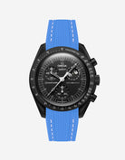 Black Omega X Swatch MoonSwatch Mission to The Moonphase - New Moon with a neptune blue vertech rubber watch strap and a with detailed face on a white background