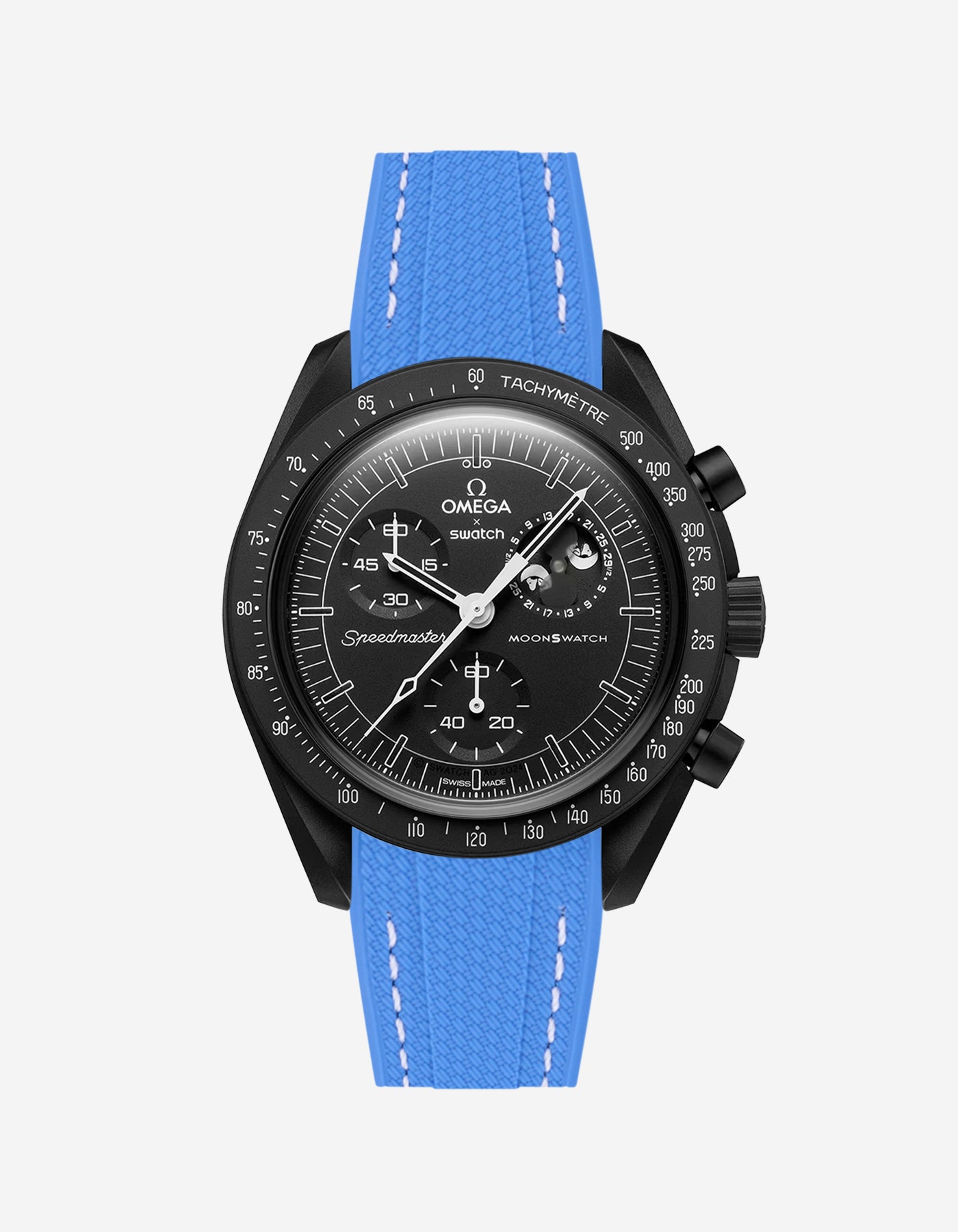 Black Omega X Swatch MoonSwatch Mission to The Moonphase - New Moon with a neptune blue vertech rubber watch strap and a with detailed face on a white background