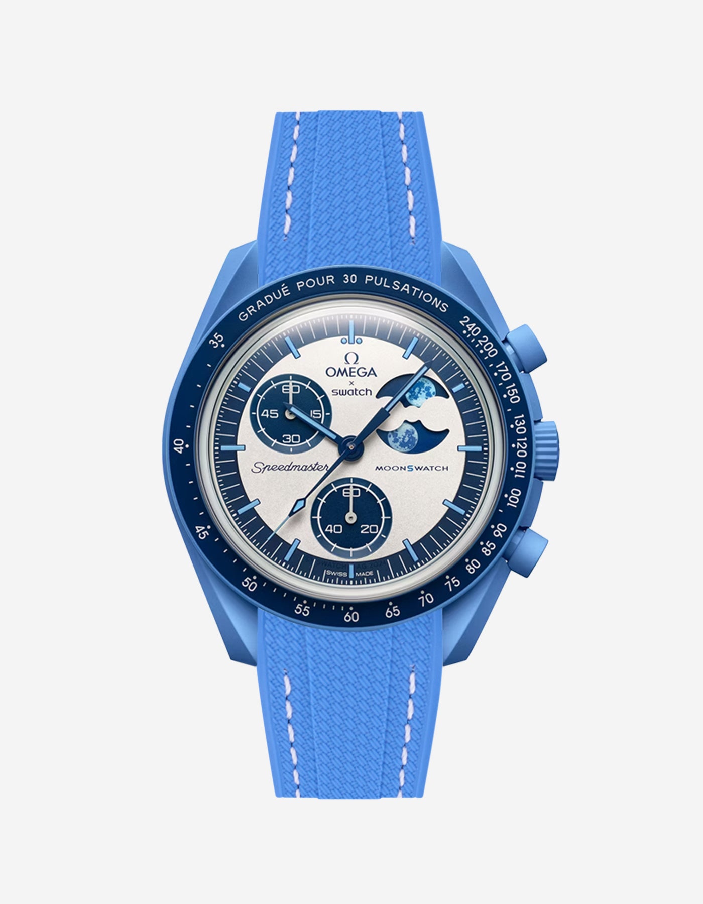 Blue Omega X Swatch MoonSwatch Mission to the Super Blue Moonphase with a neptune blue vertech rubber watch strap and a with detailed face on a white background