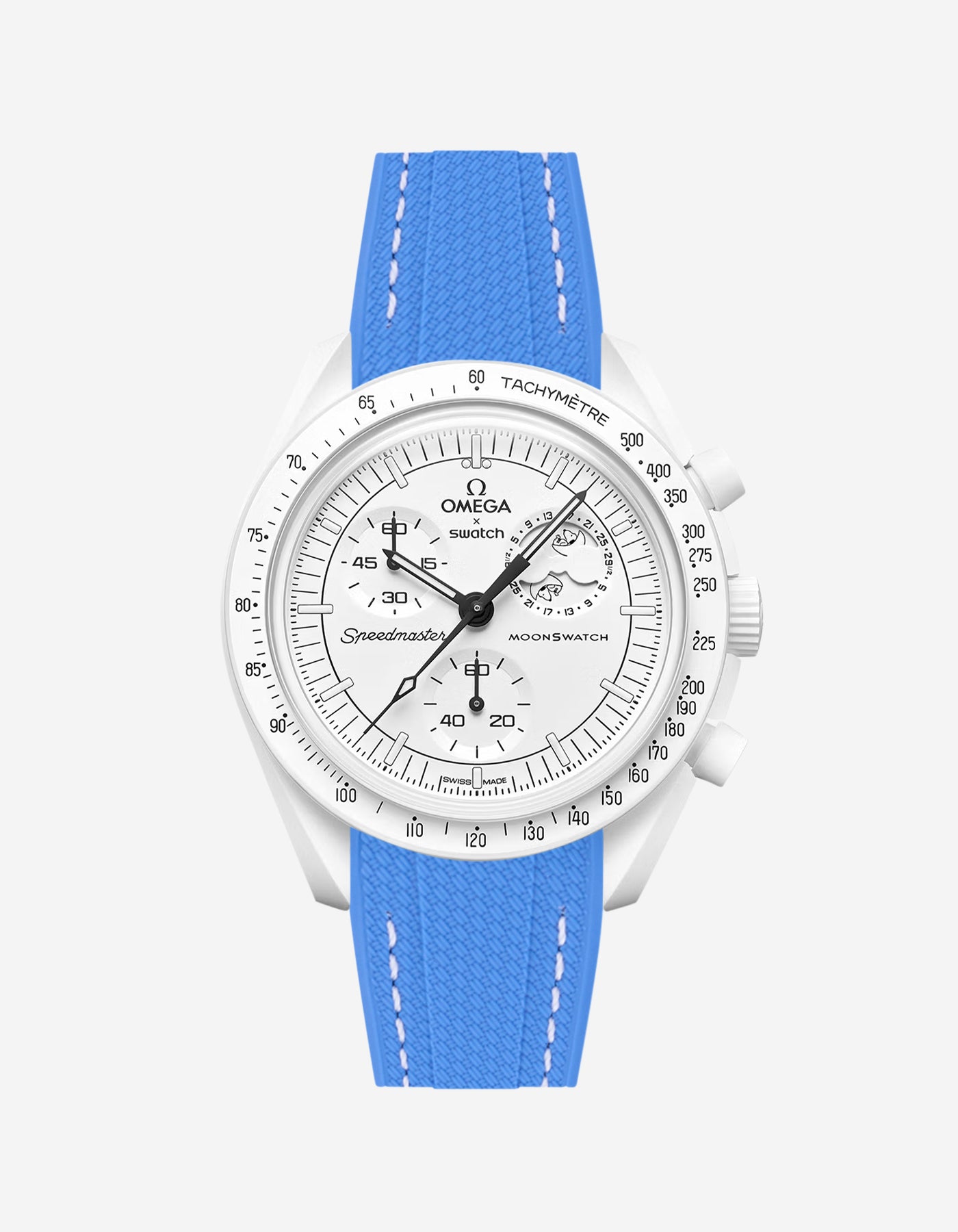 Omega X Swatch MoonSwatch Mission to the MoonPhase on a neptune blue vertech rubber watch strap with a white background showcasing both the watch and the watch strap from Wristbuddys