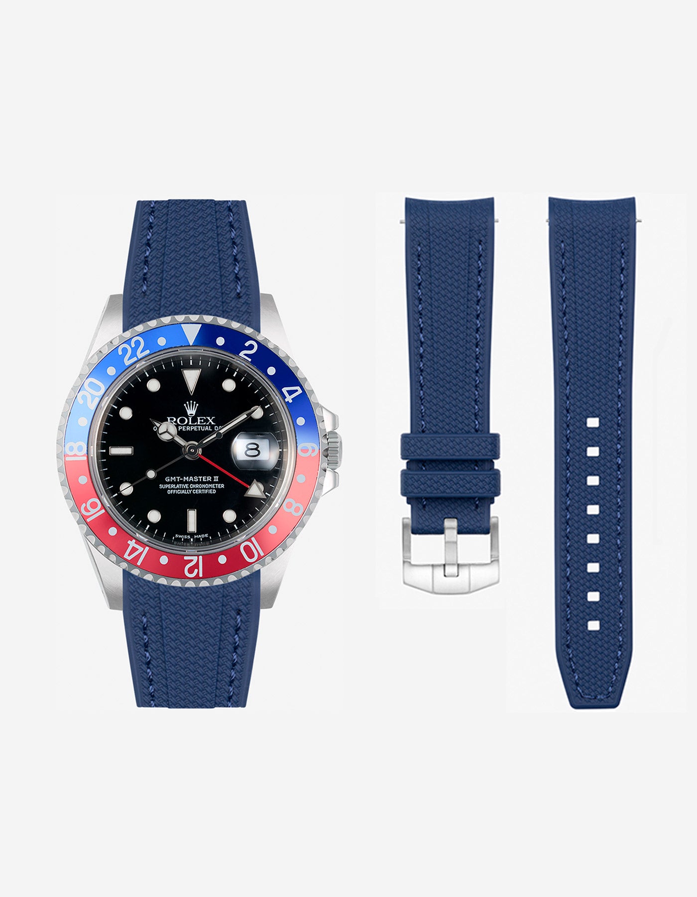 Blue Vertech rubber strap for Rolex GMT Master II 16710 Pepsi shown with watch and separated strap parts