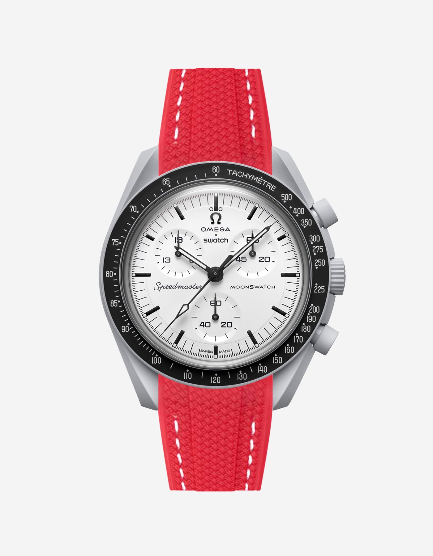 Omega X Swatch MoonSwatch 1965 watch with red strap and white face on a light gray background