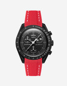 Black Omega X Swatch MoonSwatch Mission to The Moonphase - New Moon with a red vertech rubber watch strap and a with detailed face on a white background